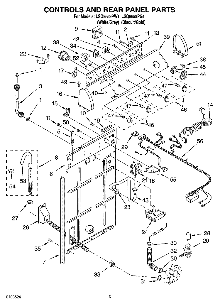 CONTROLS AND REAR PANEL PARTS Diagram and Parts List for LSQ9659PG1  Whirlpool Washer