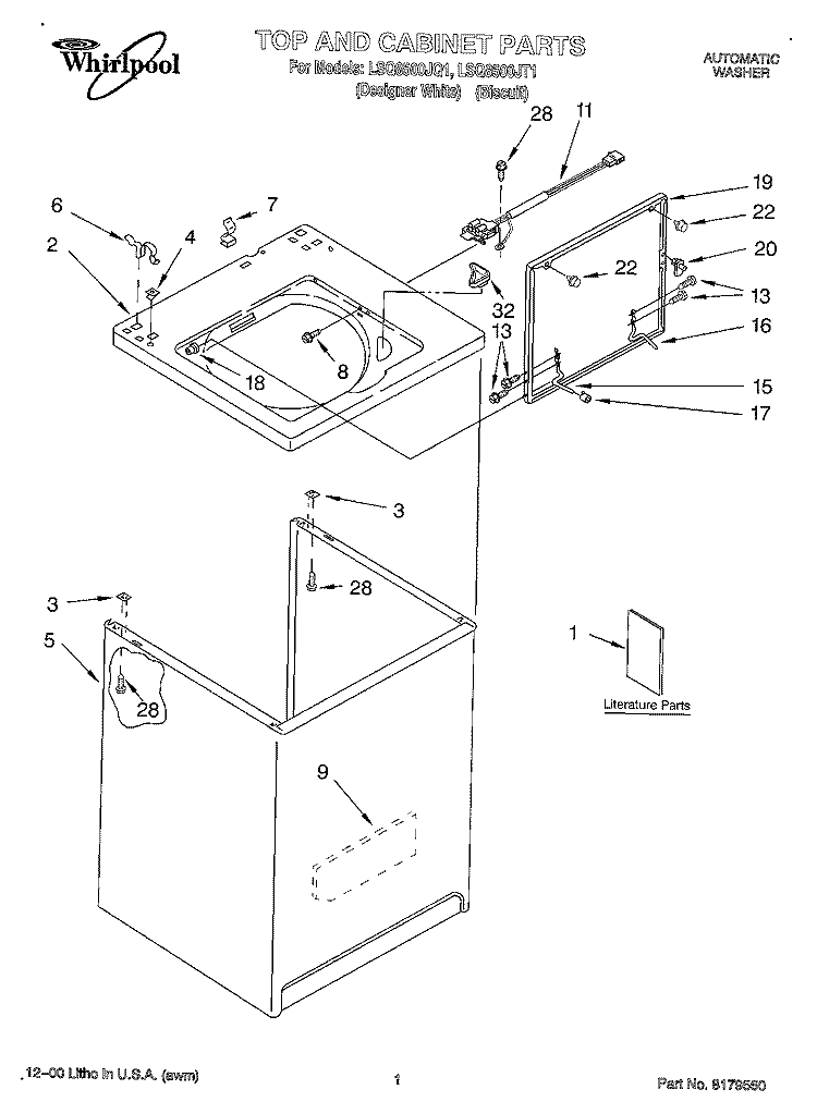 TOP AND CABINET, LITERATURE Diagram and Parts List for LSQ8500JT1  Whirlpool Washer