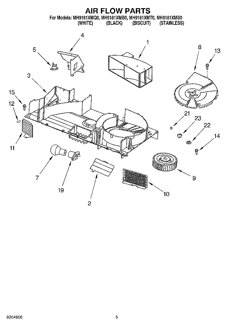 AIR FLOW PARTS Diagram and Parts List for MH9181XMQ0  Whirlpool Microwave