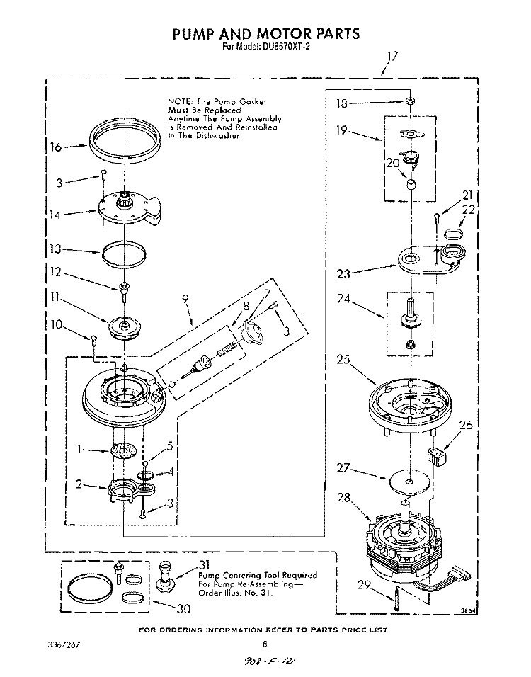 PUMP AND MOTOR Diagram and Parts List for DU8570XT2  Whirlpool Dishwasher