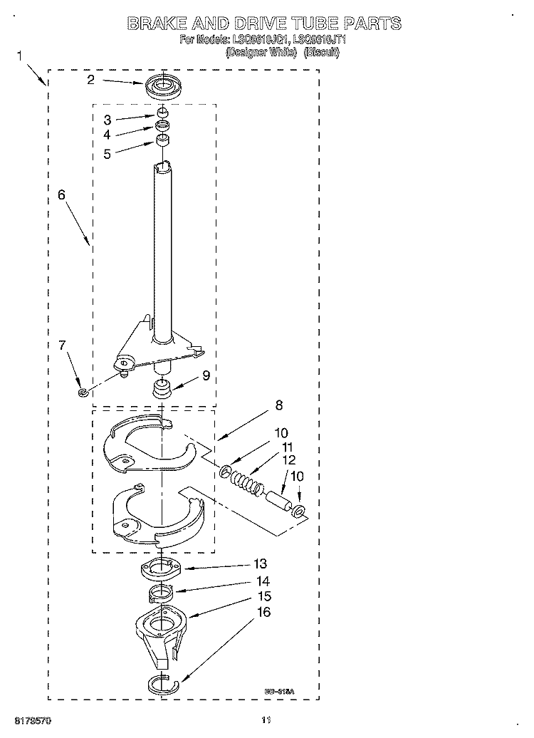 BRAKE AND DRIVE TUBE Diagram and Parts List for LSQ9610JT1  Whirlpool Washer