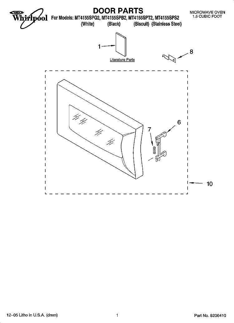 DOOR PARTS Diagram and Parts List for MT4155SPS2  Whirlpool Microwave