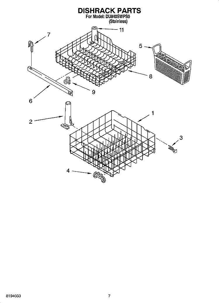 DISHRACK PARTS, OPTIONAL PARTS (NOT INCLUDED) Diagram and Parts List for DU840SWPS0  Whirlpool Dishwasher