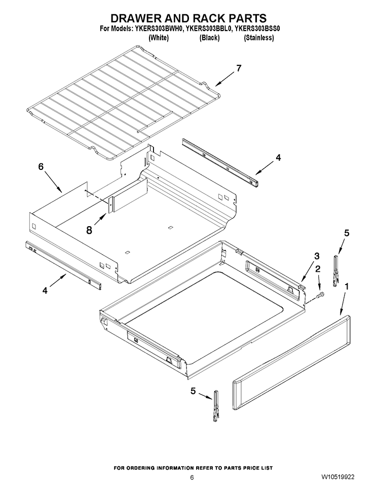 DRAWER AND RACK PARTS Diagram and Parts List for YKERS303BBL0  KitchenAid Range