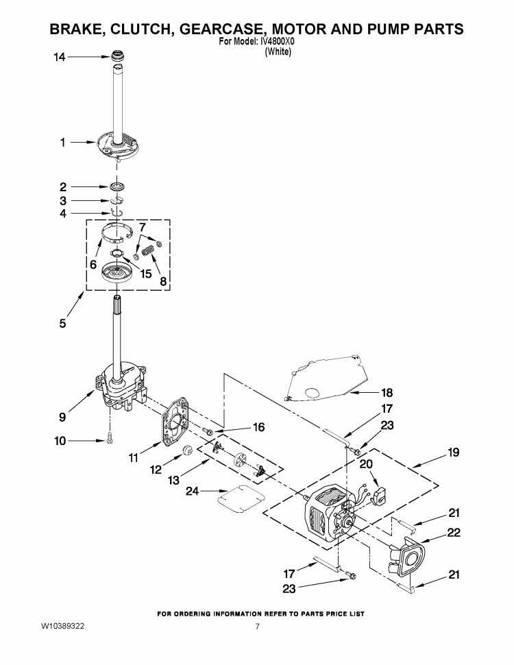 BRAKE, CLUTCH, GEARCASE, MOTOR AND PUMP PARTS Diagram and Parts List for IV4800X0  Inglis Washer