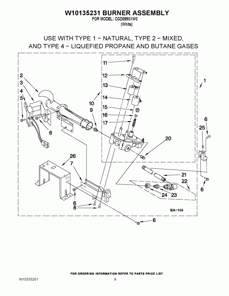W10135231 BURNER ASSEMBLY Diagram and Parts List for CGD8990XW0  Whirlpool Dryer