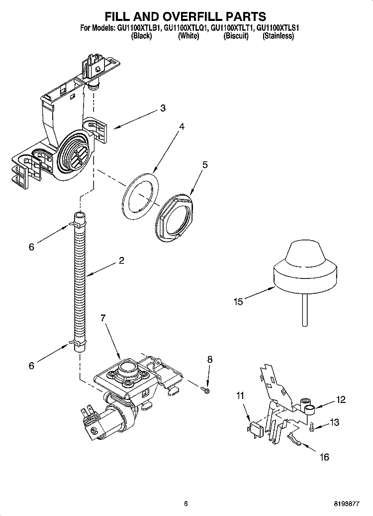FILL AND OVERFILL PARTS Diagram and Parts List for GU1100XTLS1  Whirlpool Dishwasher
