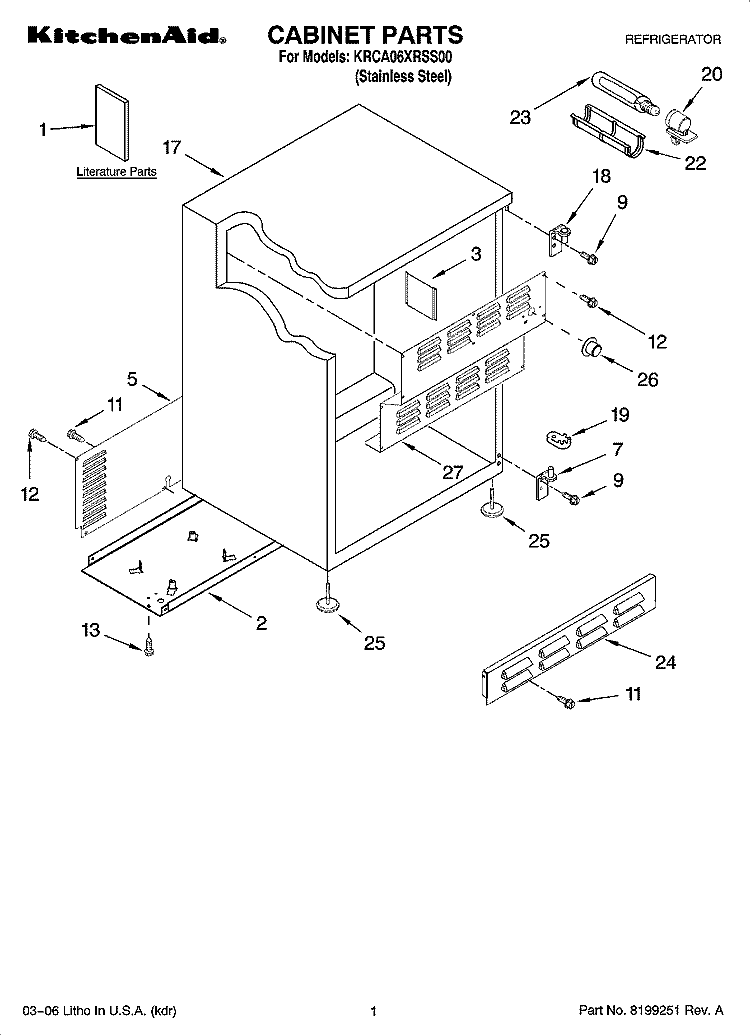 CABINET PARTS Diagram and Parts List for KRCA06XRSS00  KitchenAid Refrigerator