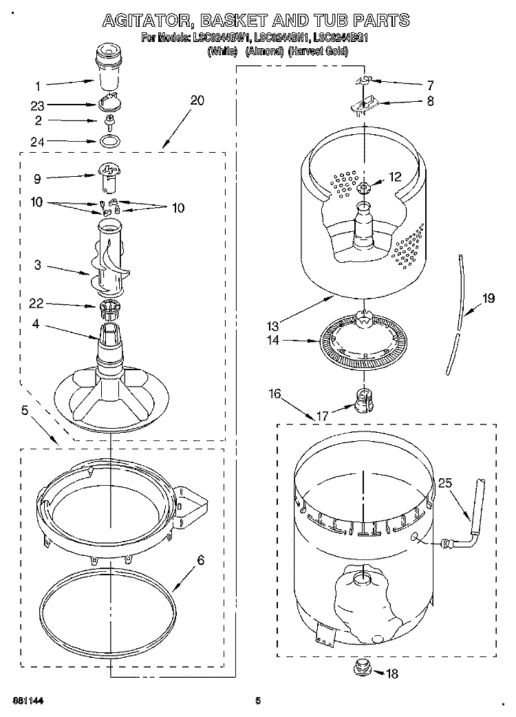 AGITATOR, BASKET AND TUB Diagram and Parts List for LSC8244BW1  Whirlpool Washer