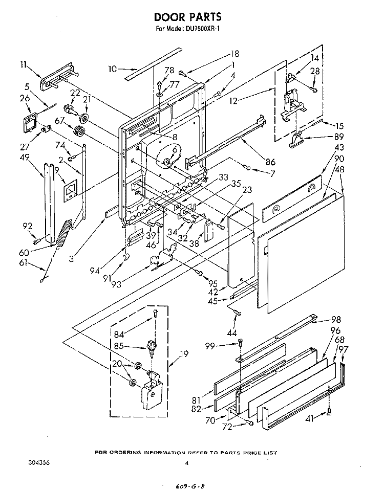 DOOR Diagram and Parts List for DU7500XR1  Whirlpool Dishwasher