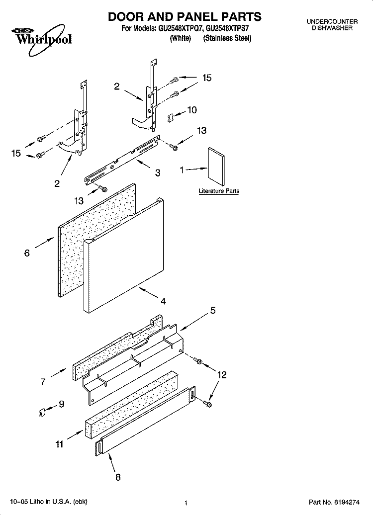 DOOR AND PANEL PARTS Diagram and Parts List for GU2548XTPQ7  Whirlpool Dishwasher
