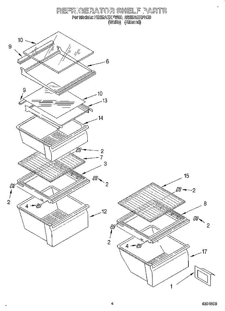 REFRIGERATOR SHELF Diagram and Parts List for RS25AQXFW00  Roper Refrigerator