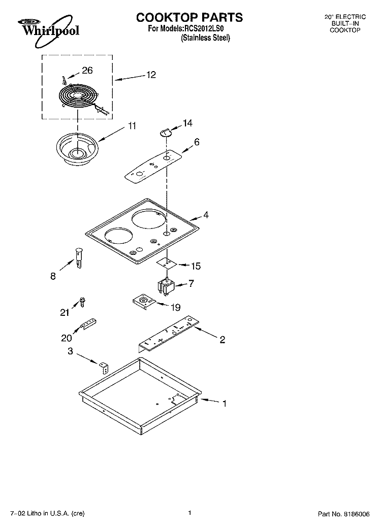 SECTION Diagram and Parts List for RCS2012LS0  Whirlpool Cooktop