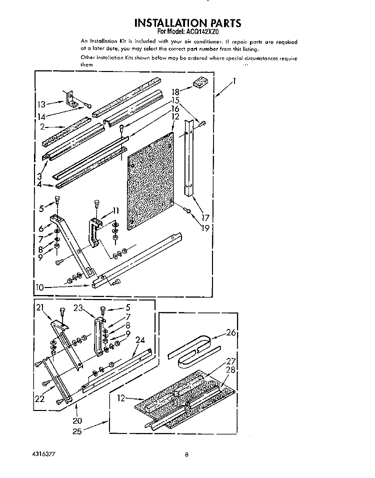 INSTALLATION Diagram and Parts List for ACQ142XZ0  Whirlpool Air Conditioner
