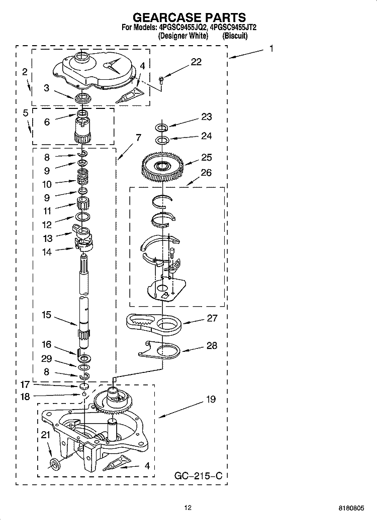 GEARCASE PARTS Diagram and Parts List for 4PGSC9455JT2  Whirlpool Washer