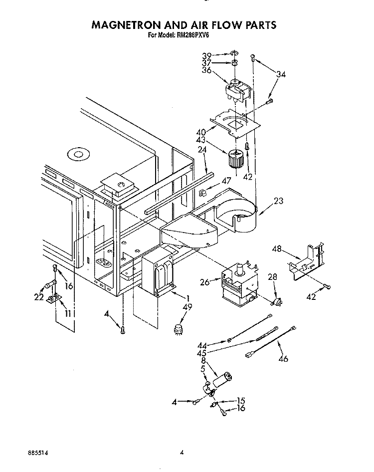 MAGNETRON AND AIR FLOW Diagram and Parts List for RM288PXV6  Whirlpool Microwave Oven Combo