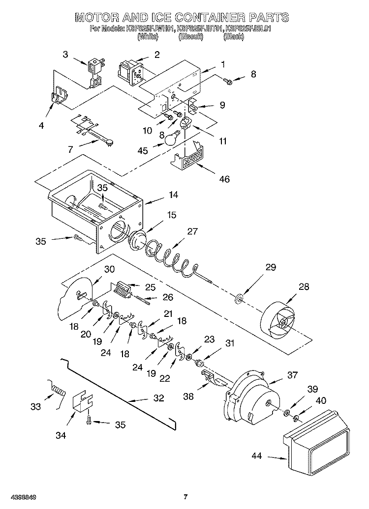 MOTOR AND ICE CONTAINER Diagram and Parts List for KSFS25FJBT01  KitchenAid Refrigerator