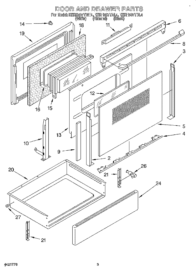DOOR AND DRAWER Diagram and Parts List for KERH507YAL4  KitchenAid Range