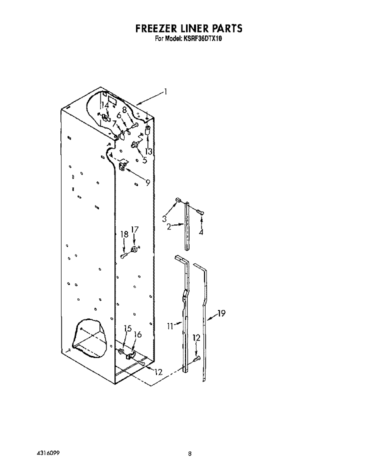 FREEZER LINER Diagram and Parts List for KSRF36DTX10  KitchenAid Refrigerator