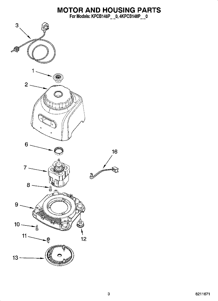 MOTOR AND HOUSING PARTS Diagram and Parts List for 4KPCB148PPM0  KitchenAid Blender