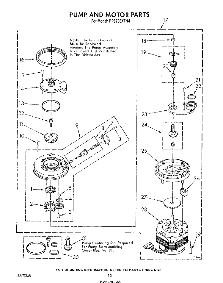 PUMP AND MOTOR Diagram and Parts List for DP8700XTN4  Whirlpool Dishwasher
