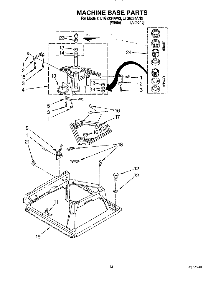 MACHINE BASE Diagram and Parts List for LTG6234AN3  Whirlpool Washer Dryer Combo