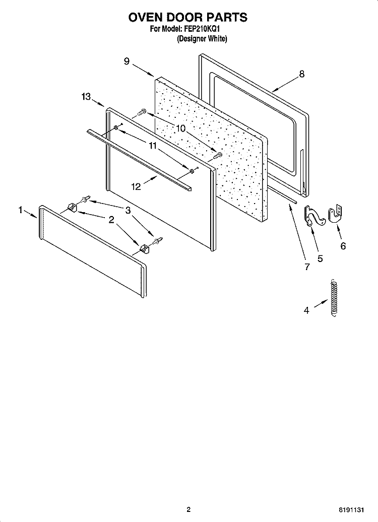 OVEN DOOR PARTS Diagram and Parts List for FEP210KQ1  Roper Range