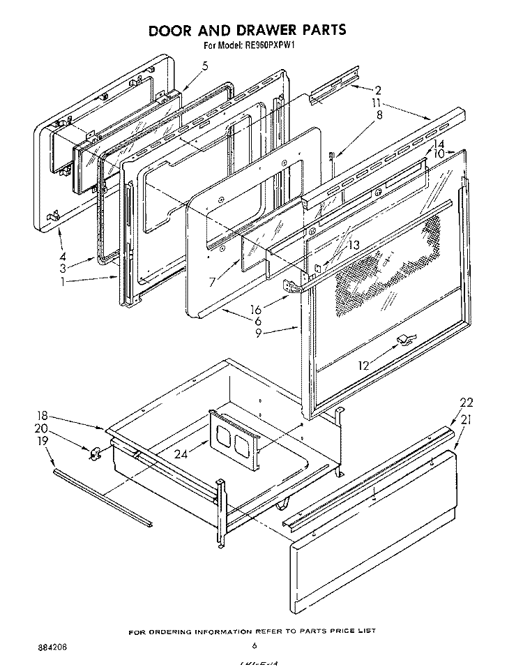 DOOR AND DRAWER Diagram and Parts List for RE960PXPW1  Whirlpool Range