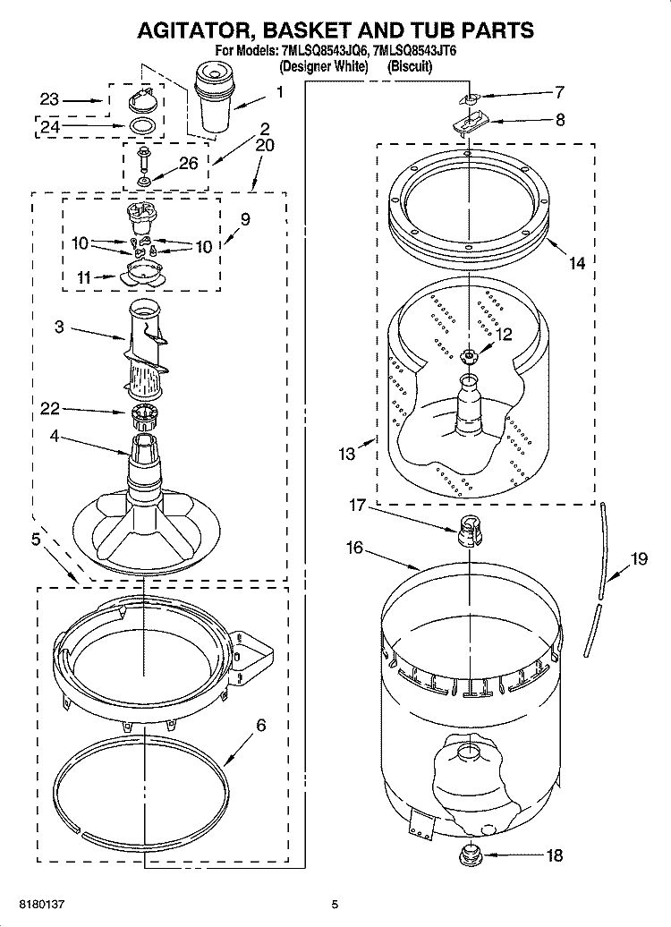 AGITATOR, BASKET AND TUB PARTS Diagram and Parts List for 7MLSQ8543JT6  Whirlpool Washer