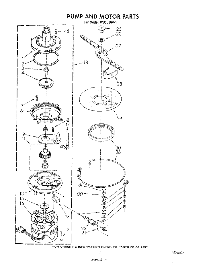 PUMP AND MOTOR Diagram and Parts List for WU3000V1  Roper Dishwasher