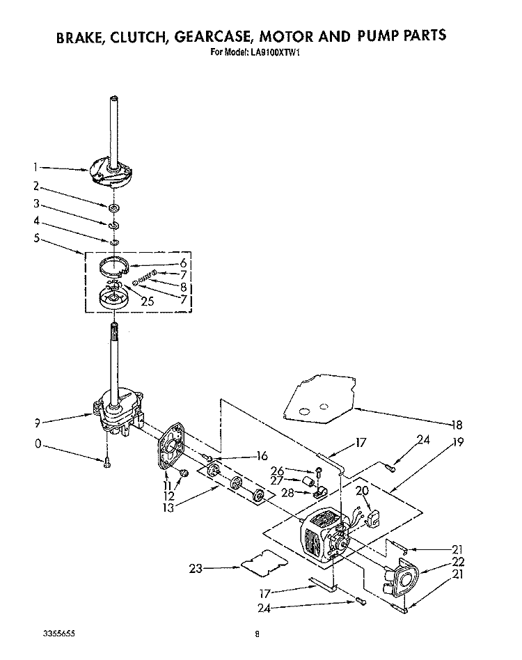 BRAKE, CLUTCH, GEARCASE, MOTOR AND PUMP Diagram and Parts List for LA9100XTF1  Whirlpool Washer
