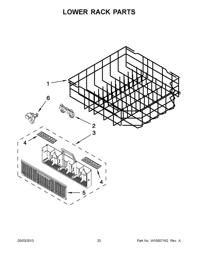 LOWER RACK PARTS Diagram and Parts List for 7WDF530PAYM5  Whirlpool Dishwasher
