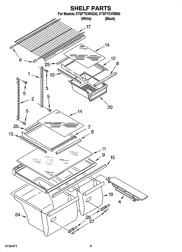 SHELF PARTS, OPTIONAL PARTS Diagram and Parts List for ET8FTEXRB00  Whirlpool Refrigerator