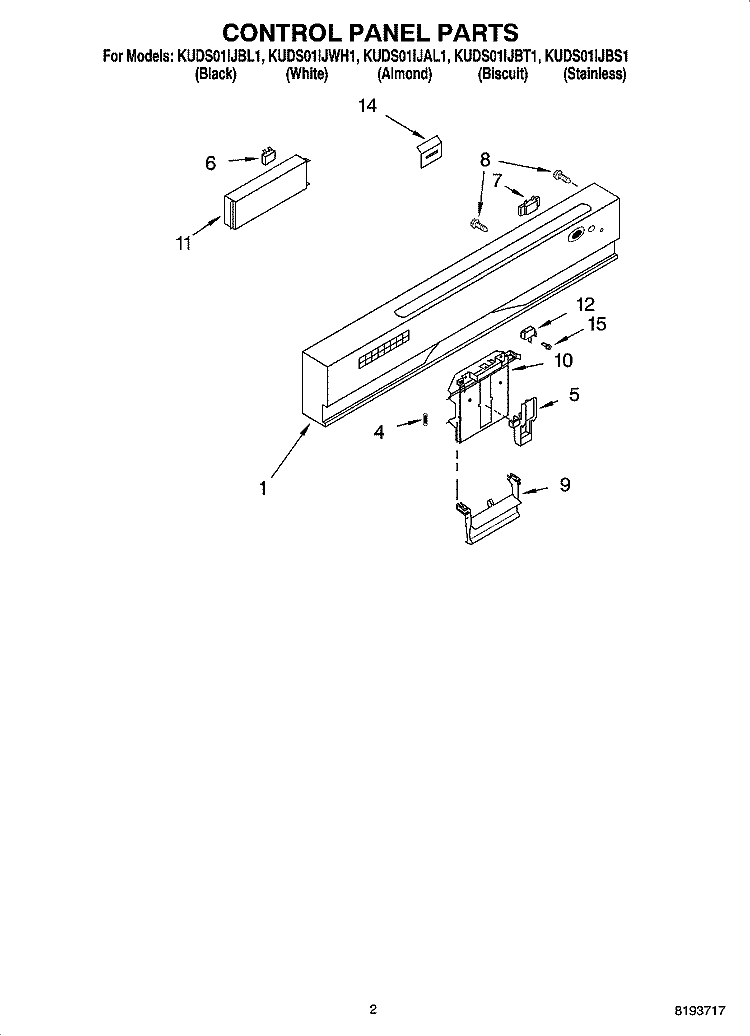 CONTROL PANEL PARTS Diagram and Parts List for KUDS01IJBS1  KitchenAid Dishwasher