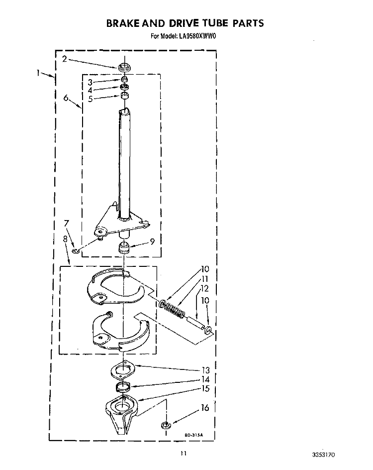 BRAKE AND DRIVE TUBE Diagram and Parts List for LA9580XWF0  Whirlpool Washer