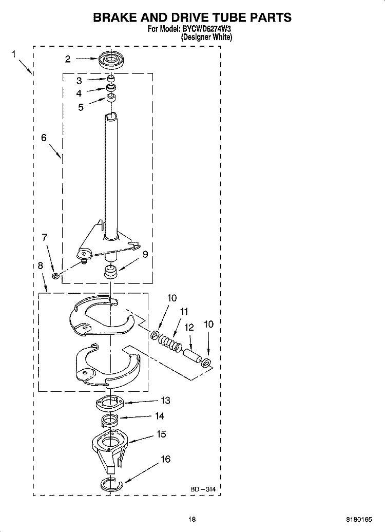 BRAKE AND DRIVE TUBE PARTS Diagram and Parts List for BYCWD6274W3  Crosley Washer Dryer Combo