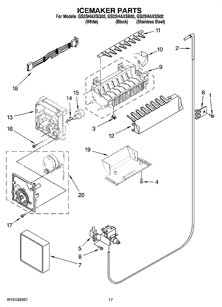 ICEMAKER PARTS Diagram and Parts List for GS2SHAXSQ02  Whirlpool Refrigerator