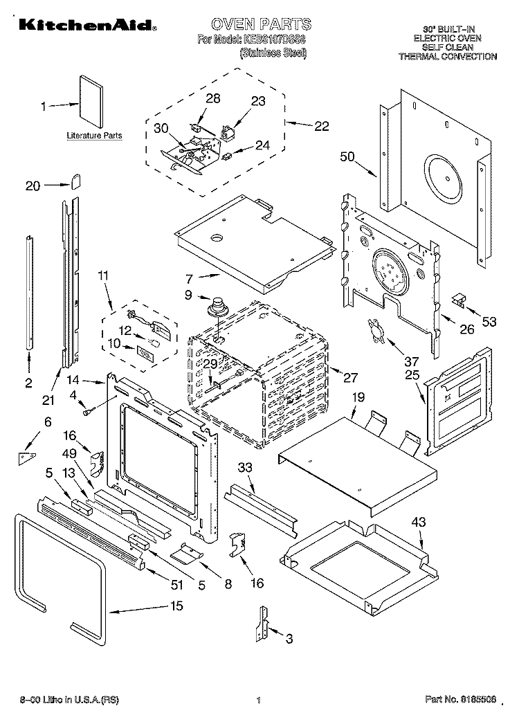 OVEN, LITERATURE Diagram and Parts List for KEBS107DSS8  KitchenAid Wall Oven