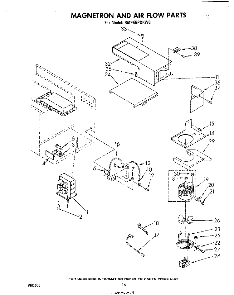 MAGNETRON AND AIR FLOW Diagram and Parts List for RM955PXKW0  Whirlpool Microwave Oven Combo