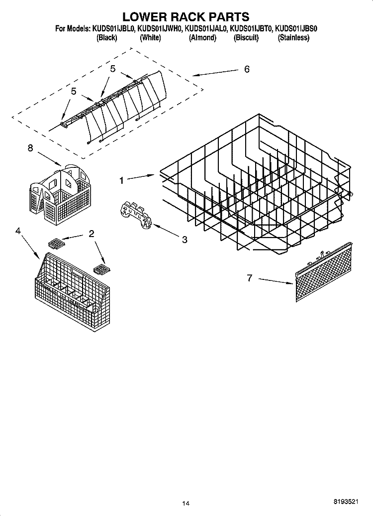 LOWER RACK PARTS Diagram and Parts List for KUDS01IJBL0  KitchenAid Dishwasher