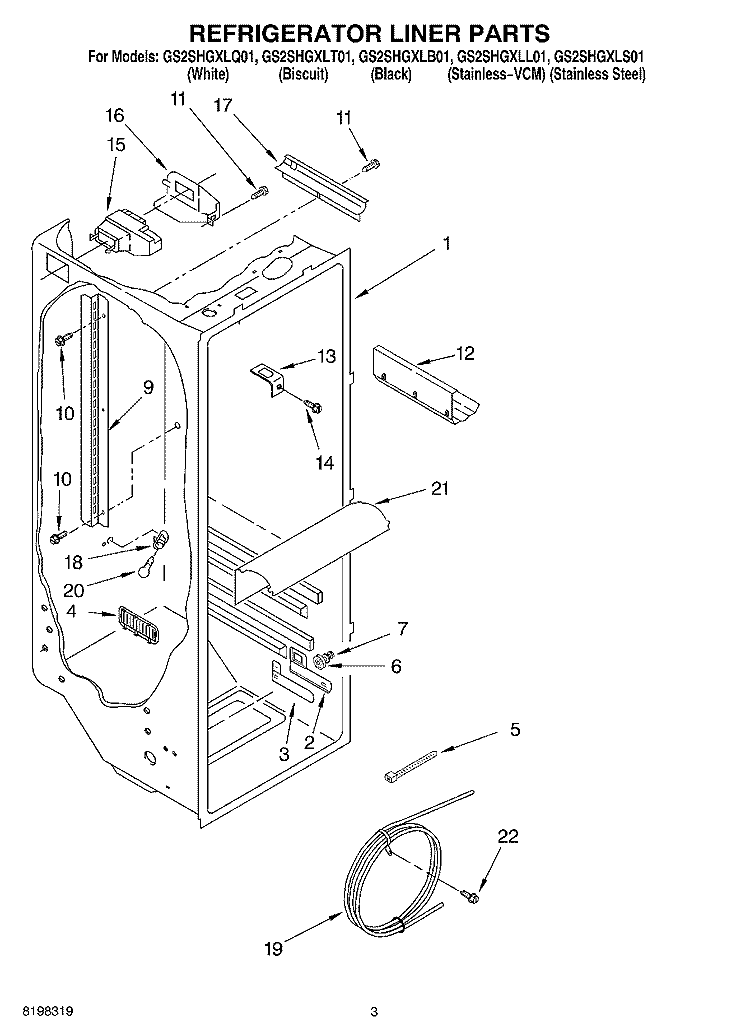 REFRIGERATOR LINER Diagram and Parts List for GS2SHGXLT01  Whirlpool Refrigerator