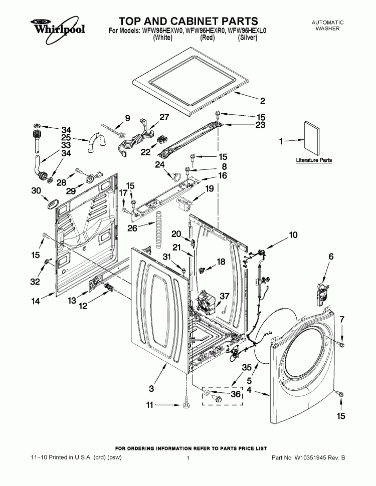 TOP AND CABINET PARTS Diagram and Parts List for WFW95HEXL0  Whirlpool Washer