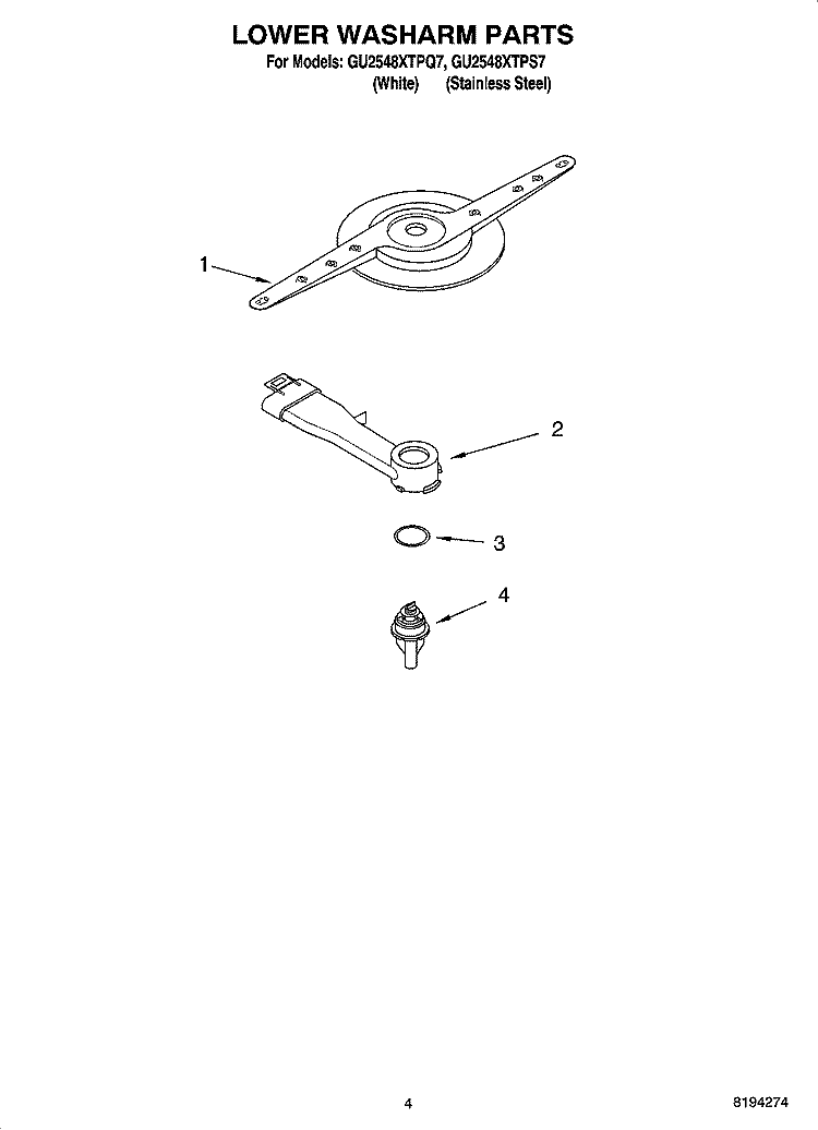 LOWER WASHARM PARTS Diagram and Parts List for GU2548XTPQ7  Whirlpool Dishwasher