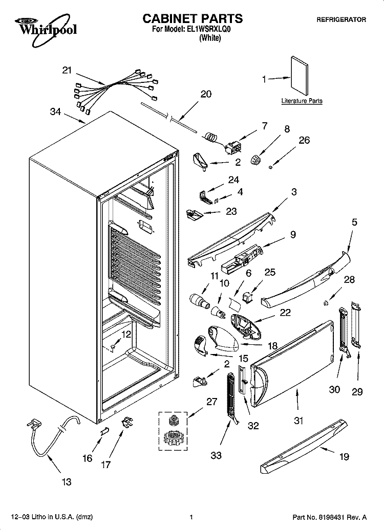 CABINET PARTS Diagram and Parts List for EL1WSRXLQ0  Whirlpool Refrigerator