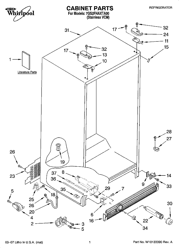CABINET PARTS Diagram and Parts List for 7GS2FHAXTA00  Whirlpool Refrigerator