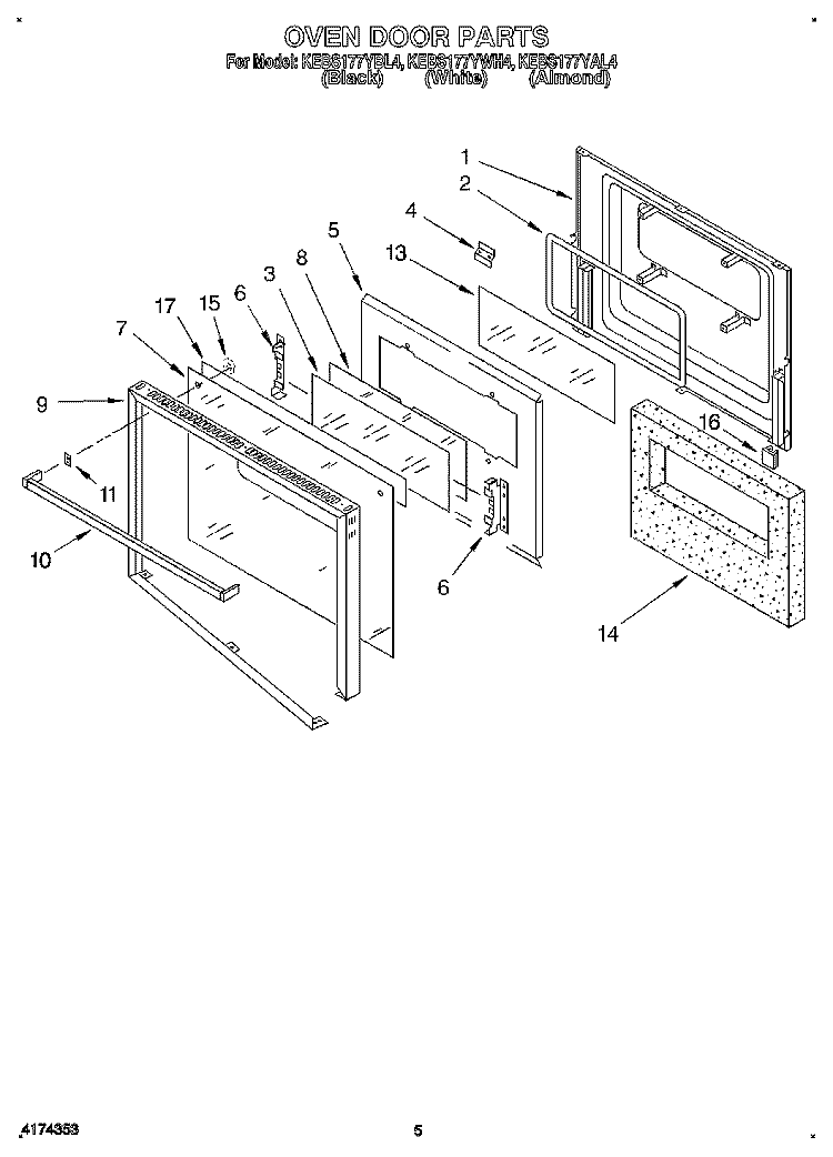 OVEN DOOR Diagram and Parts List for KEBS177YWH4  KitchenAid Wall Oven