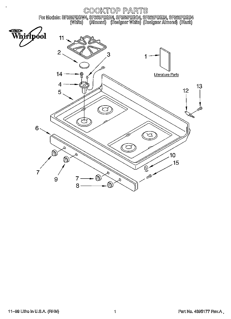 COOKTOP, LITERATURE Diagram and Parts List for SF385PEGQ4  Whirlpool Range