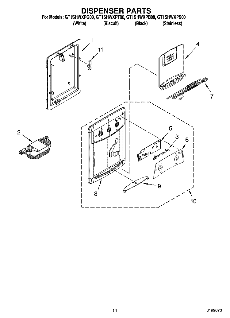 DISPENSER PARTS, OPTIONAL PARTS Diagram and Parts List for GT1SHWXPT00  Whirlpool Refrigerator
