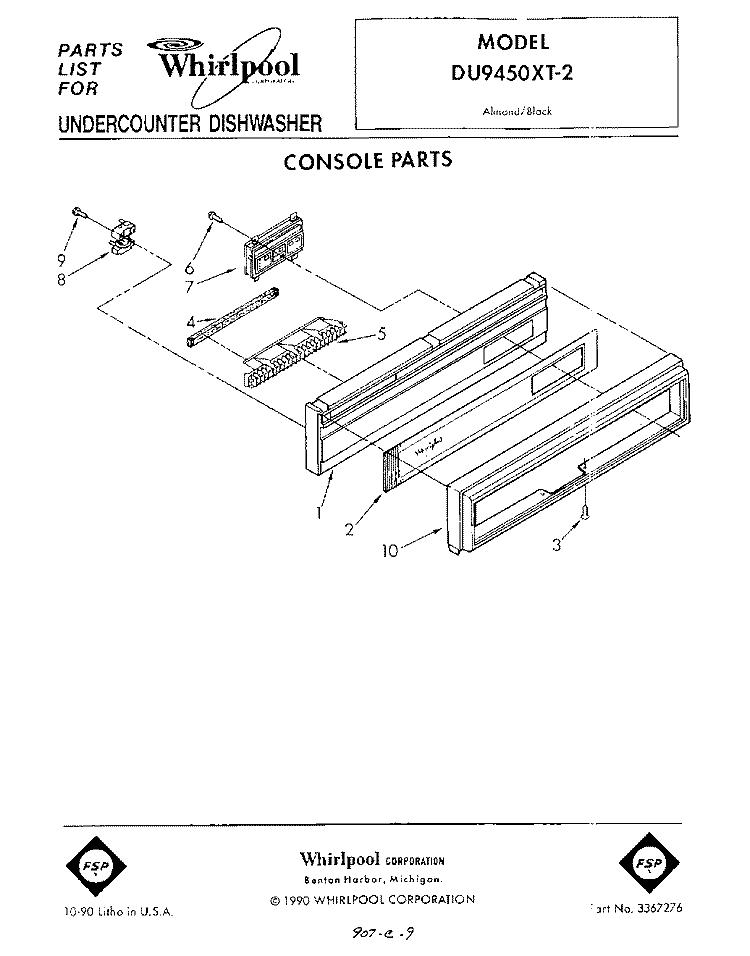 CONSOLE Diagram and Parts List for DU9450XT2  Whirlpool Dishwasher