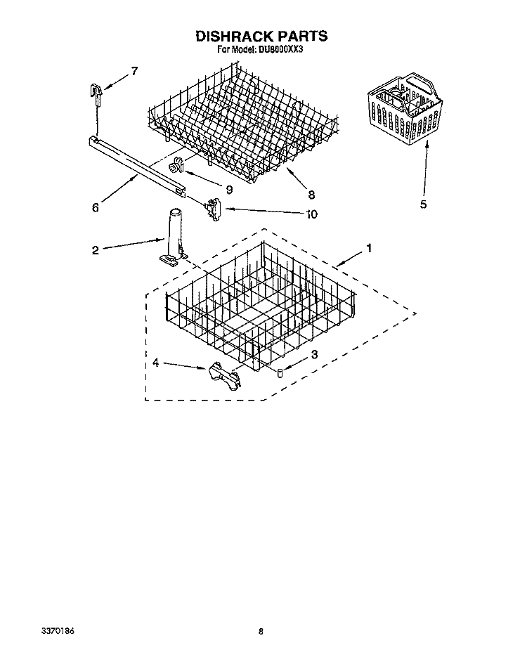 DISHRACK Diagram and Parts List for DU8000XX3  Whirlpool Dishwasher